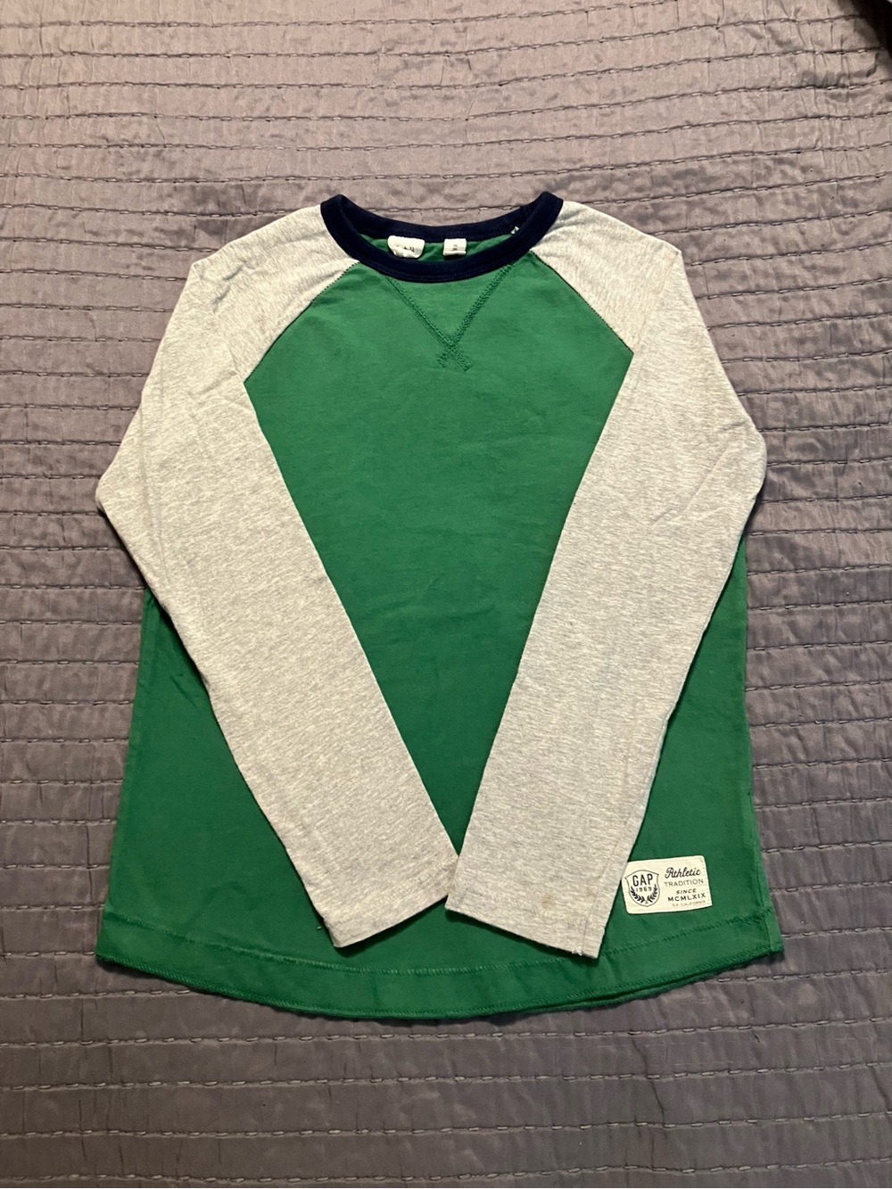GAP Green Body with Gray Raglan Sleeves and Navy Trim Long-Sleeve Tee